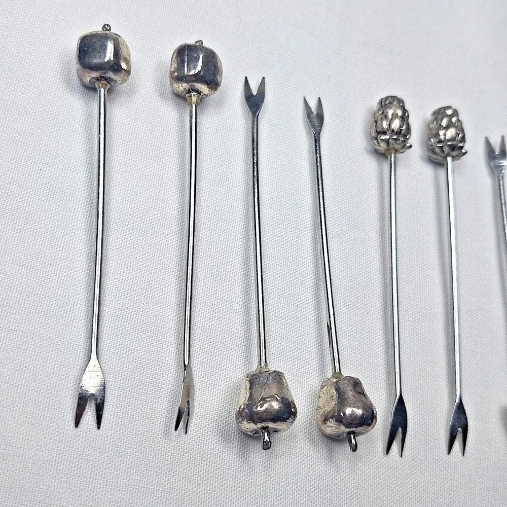 Set Of 6 Silver Fruit Topped Hors d'oeuvre‎ Forks Cocktail Picks Olive Bar Metal